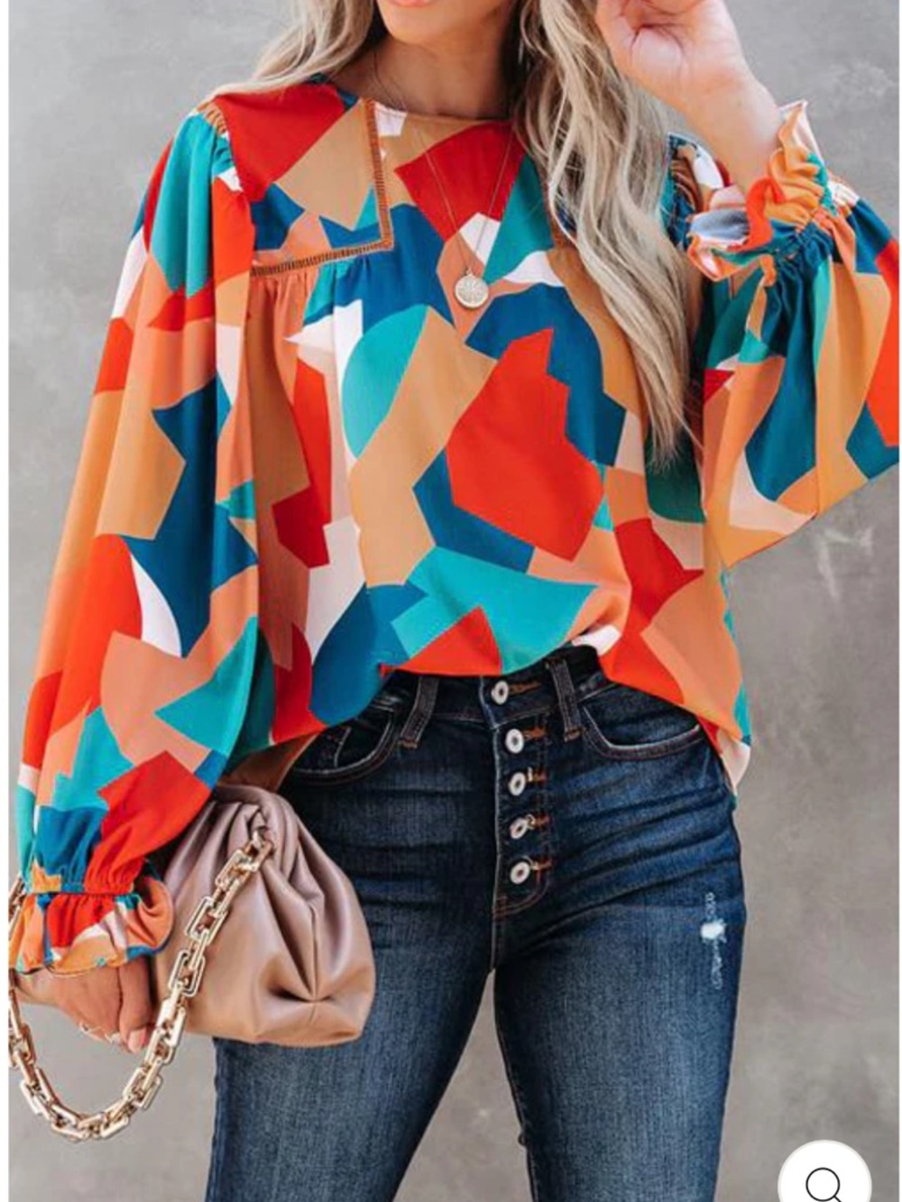 Vici Teal, Orange & Cream Abstract Balloon-Sleeve Blouse
